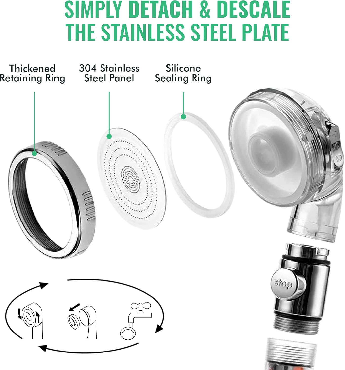 Original StoneStream Filtered Shower Head, Eco Power High Pressure Water Softener Showerhead with ON/OFF switch and Spa like Ionic beads for Dry Skin & Hair — 3 Spray Settings