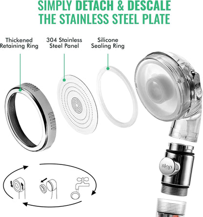 Original StoneStream Filtered Shower Head, Eco Power High Pressure Water Softener Showerhead with ON/OFF switch and Spa like Ionic beads for Dry Skin & Hair — 3 Spray Settings