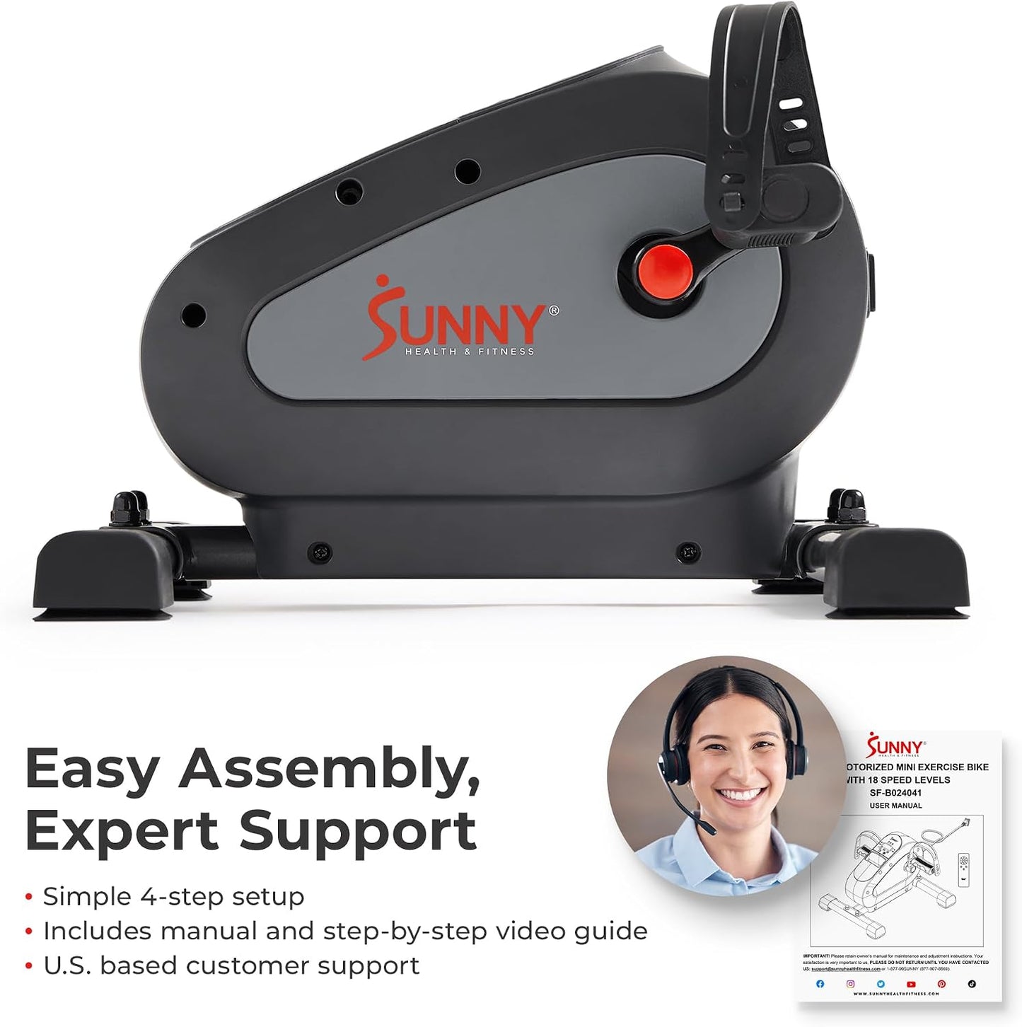 Sunny Health & Fitness Smart Motorized 2-in-1 Pedal Exerciser, Indoor Compact Under-Desk Mini Bike for Low-Impact Cardio Workout and Physical Therapy, Free SunnyFit Training App Connection