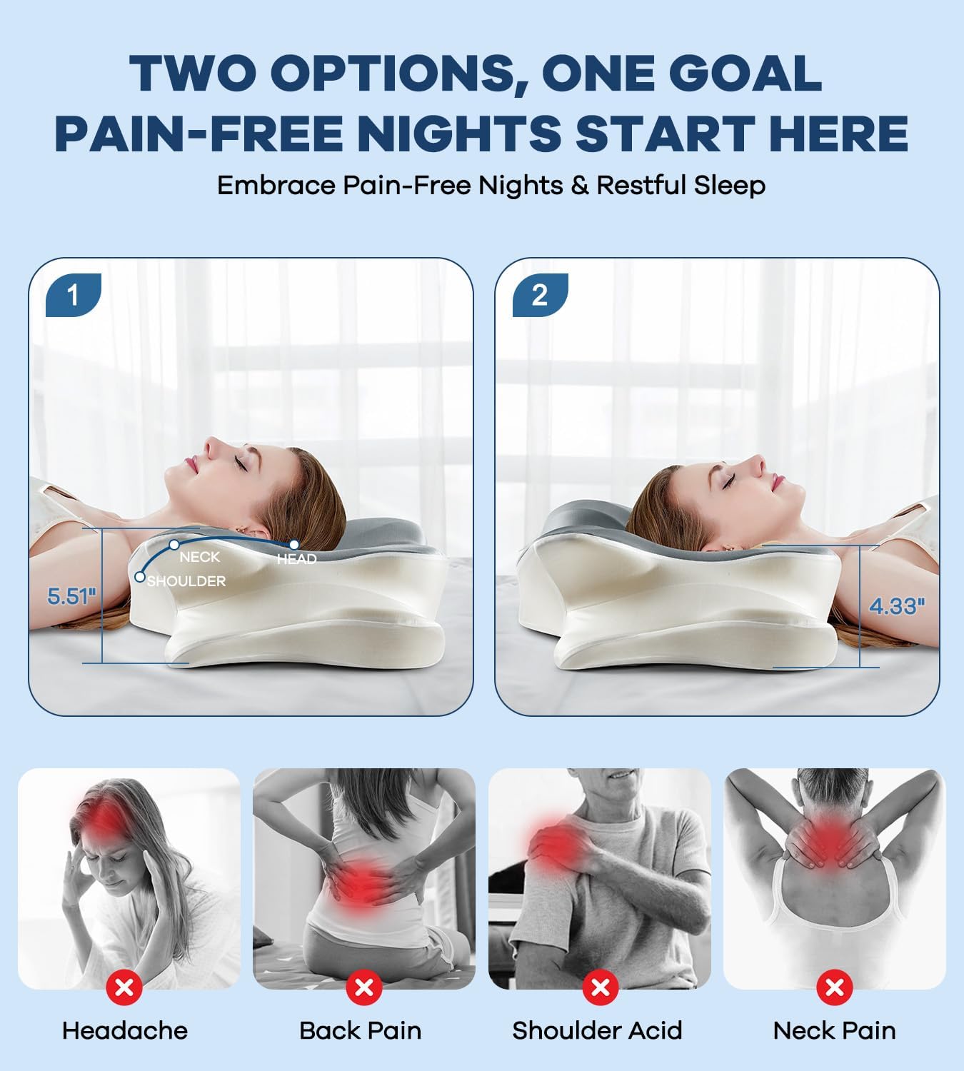 DONAMA Cervical Pillow for Neck and Shoulder,Contour Memory Foam Pillow,Ergonomic Neck Support Pillow for Side Back Stomach Sleepers with Pillowcase