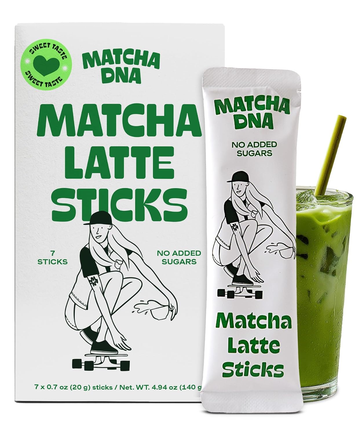 MatchaDNA Matcha Powder Sticks 7 Pack (20g Each) – Sweetened with Milk, No Sugar Added – Organic Matcha Powder Green Tea Latte Mix for Hot or Iced Drinks – Organic Macha Tea, Smooth Energy Boost