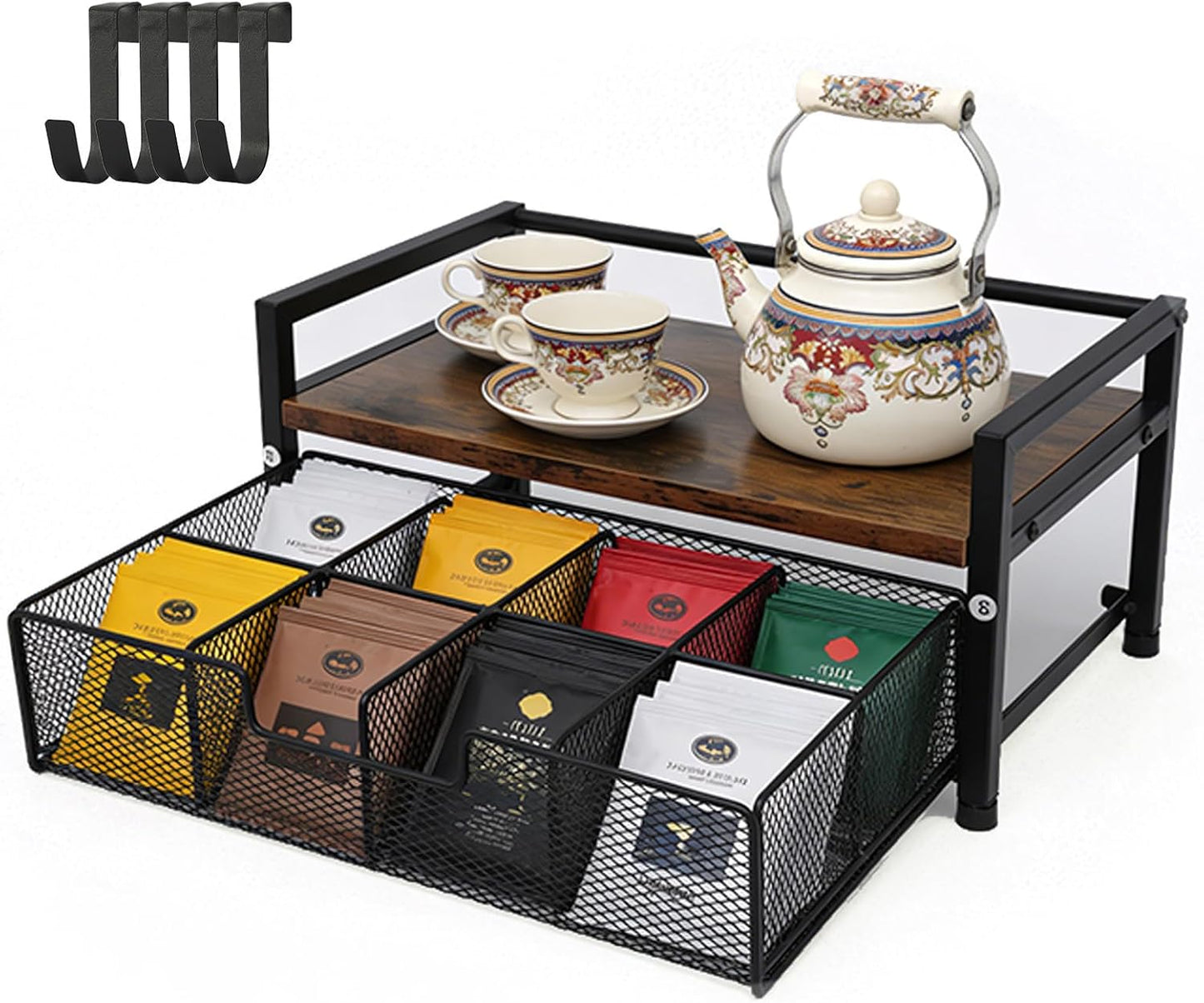 Tea Bag Organizer Holder, Wood Tea Organizers and Storage, 8 Compartments
