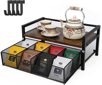 Tea Bag Organizer Holder, Wood Tea Organizers and Storage, 8 Compartments