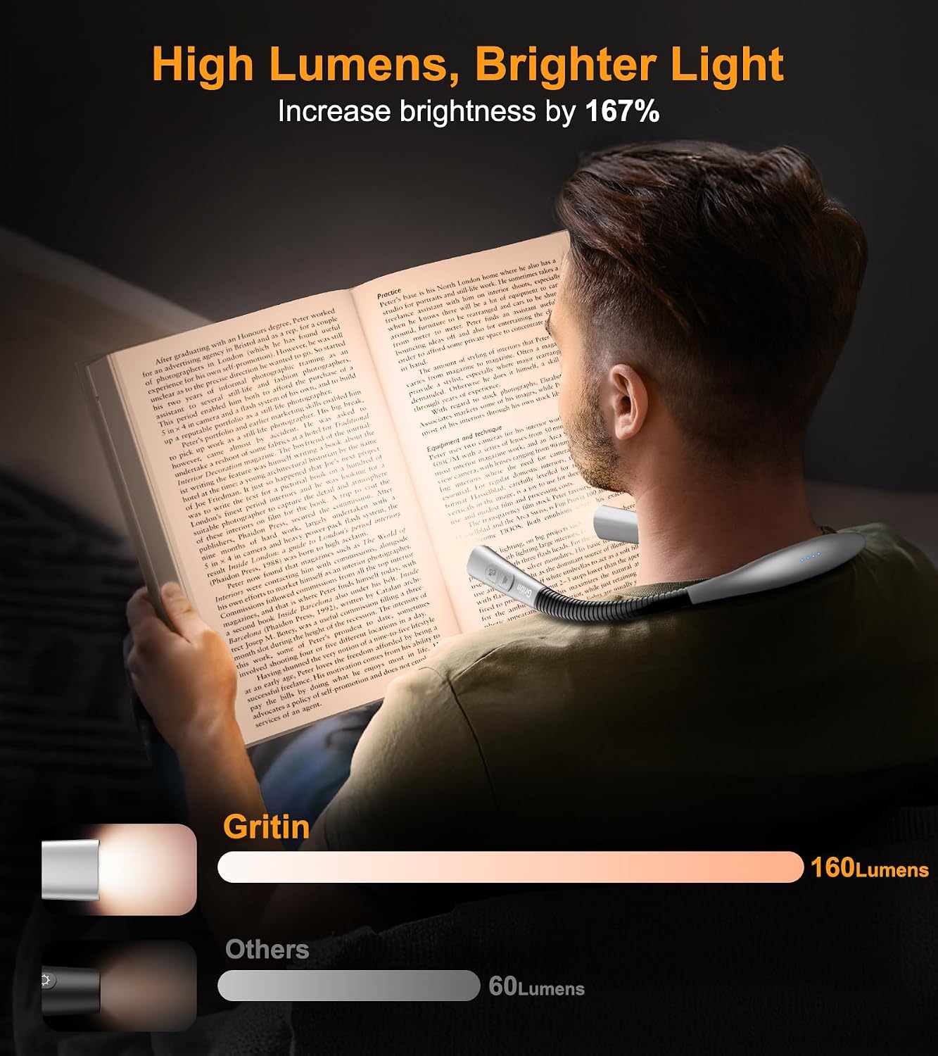 Gritin Book Light,Eye Caring 3 Colors & Stepless Dimming Neck Reading Light