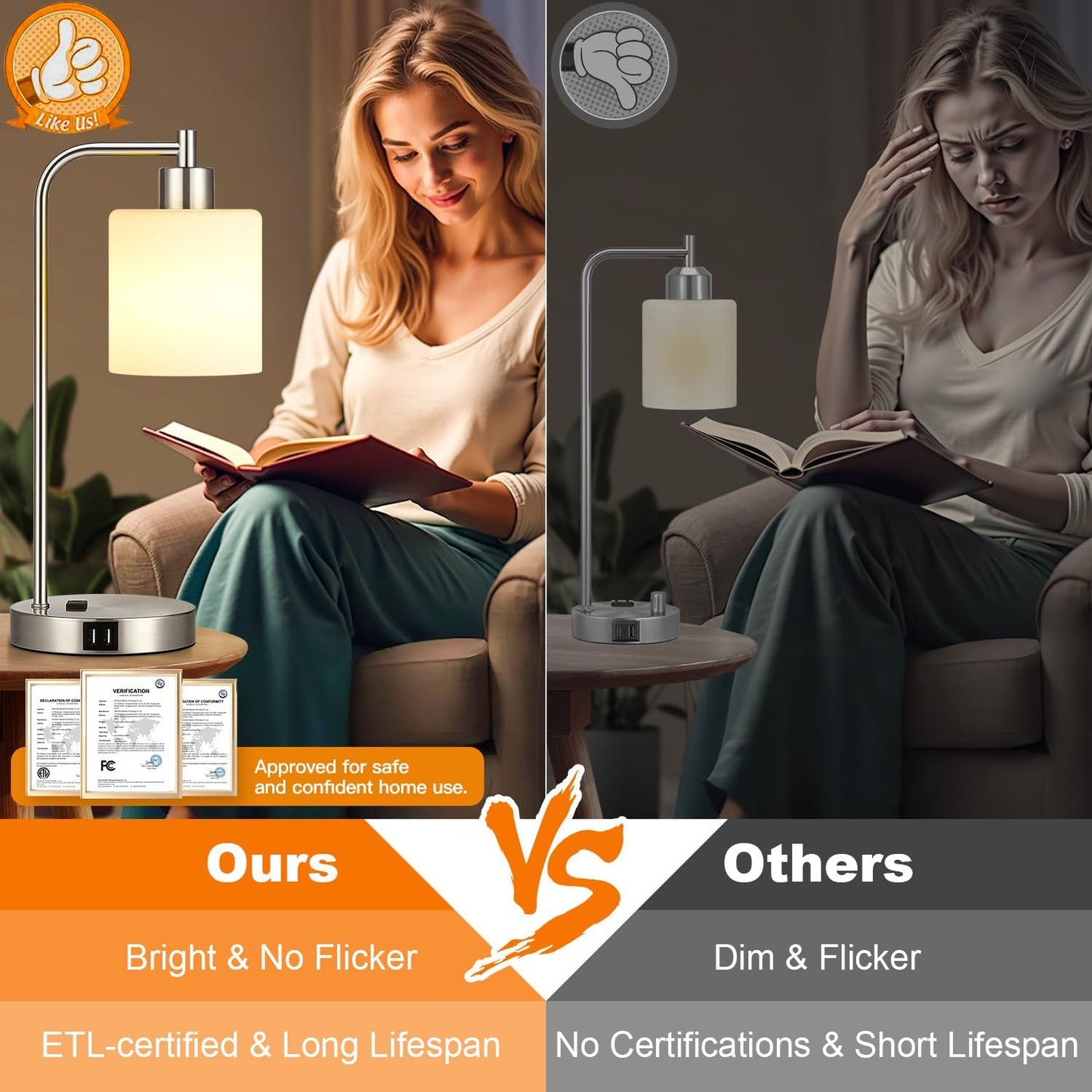 Set of 2 Industrial Touch Control Table Lamps with USB C+A Ports and AC Outlet - 3-Way Dimmable Black Bedside Lamps Nightstand Desk Lamps for Bedroom Living Room, Glass Shade & 2 LED Bulbs Included