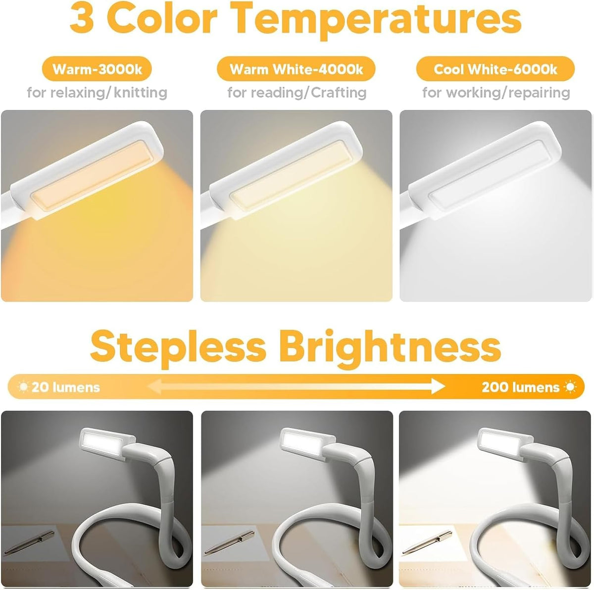 Reading Light, Rechargeable Neck Light, Stepless Dimming Book Light