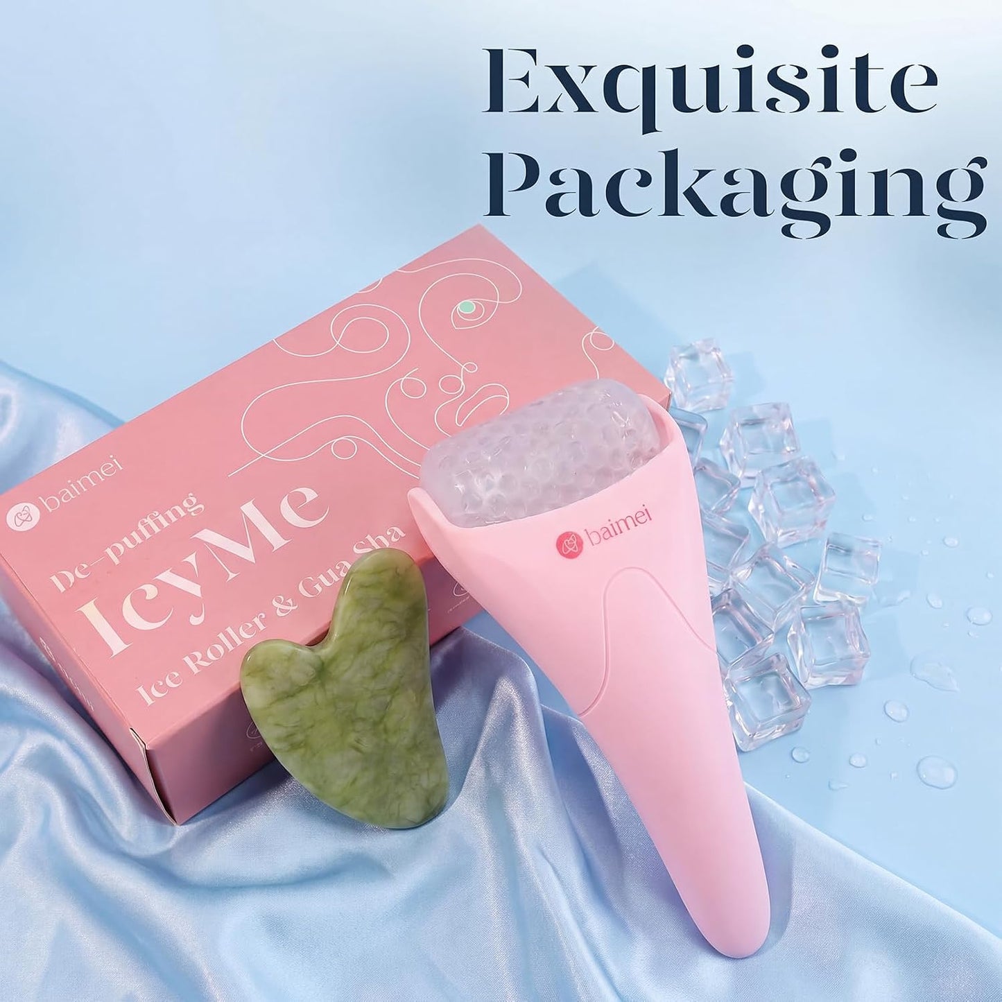 BAIMEI IcyMe Ice Roller for Face and Gua Sha Facial Tool Set, Ice Face Roller Reduces Puffiness Relieves Migraines Skin Care Tools, Self Care for Women - Pink