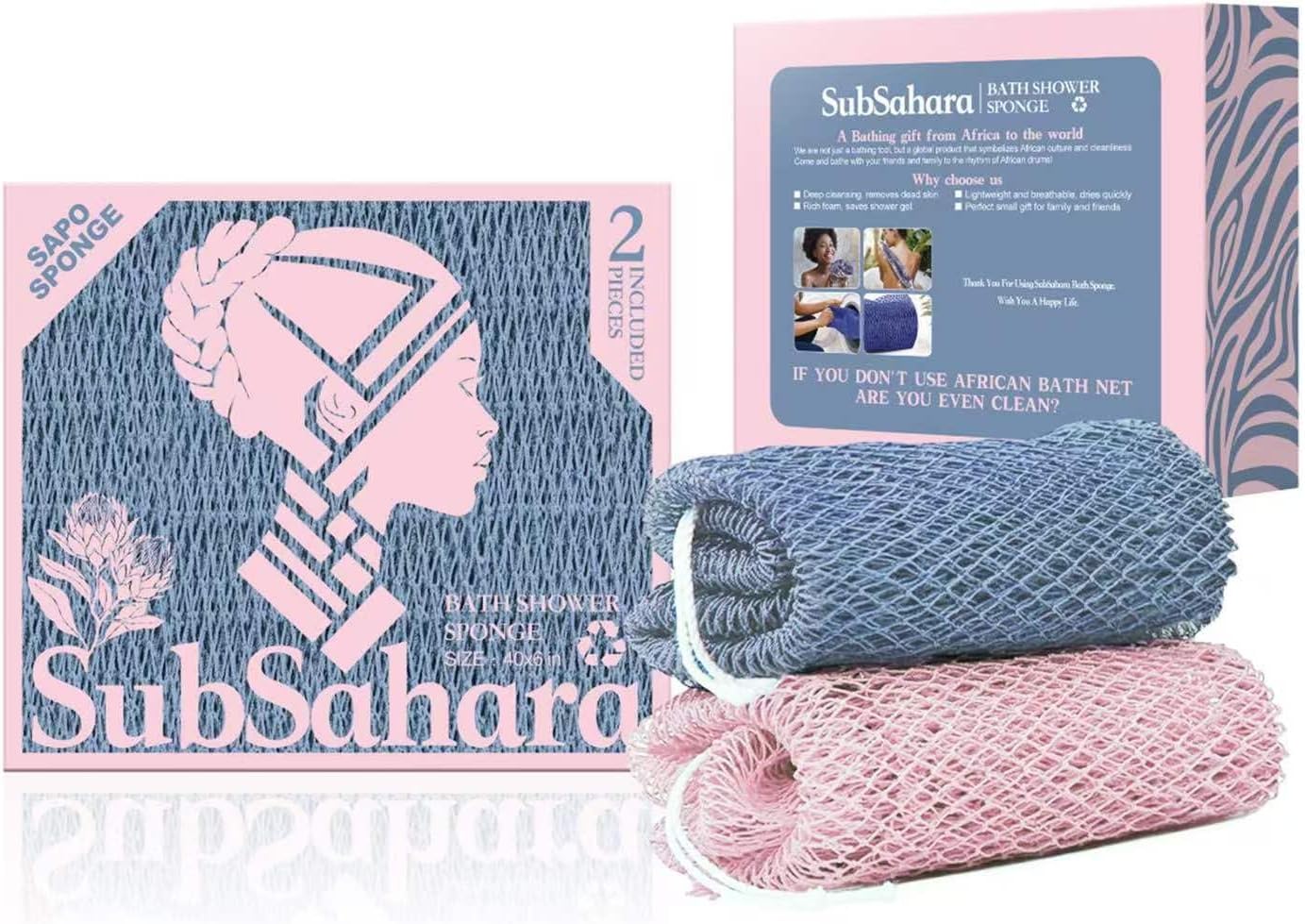 SubSahara Authentic African Net Sponge - 2 Pack Exfoliating Bath & Shower Loofah Sponge for Body & Face, Gentle Scrubber for All Skin Types, Travel, Durable Polyester (Olive Green & Light Green)