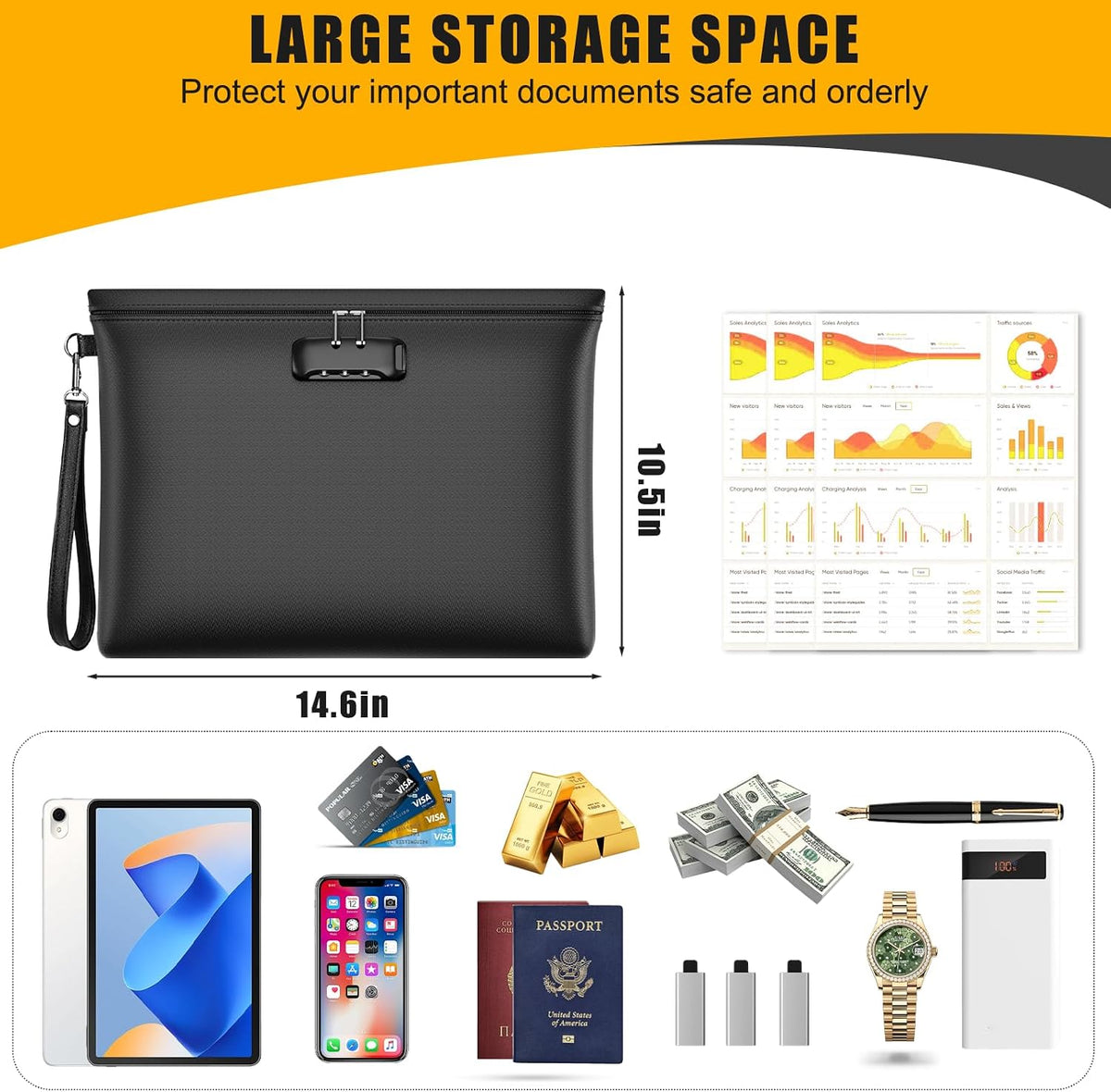Fireproof Document Bag with Lock,Waterproof Money Pouch,14.3"x10.2"