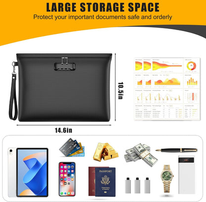 Fireproof Document Bag with Lock,Waterproof Money Pouch,14.3"x10.2"