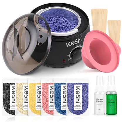 KeShi Waxing Kit, Painless Hair Removal Wax Warmer with 6 Bags Hard Wax Beans for Full Body, Legs, Face, Eyebrows & Bikini— Ideal for Both Women & Men