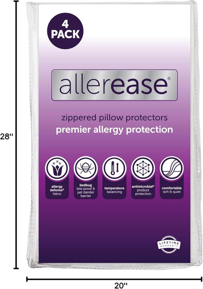 Set of 4 Standard/Queen AllerEase Pillow Protectors - Temperature Balancing, Allergist Recommended - Premium Breathable, Zippered Protectors