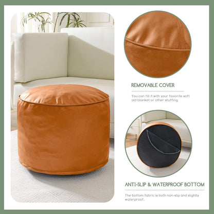 HIGOGOGO Round Stuffed Pouf Ottoman, Pu Leather Poufs with Foam Chunk Filling, Furry and Fluffy Pouf Foot Stool Storage Ottoman, 20 X 15 Floor Poufs Foot Rest for Living Room,Dark Brown