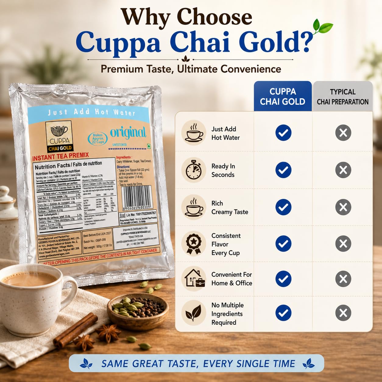 Chai Gold Instant Chai Tea Premix Powder - Sweetened Milk Tea Latte Mix for Home and Beverage Dispensers - [500g / 1.1 lb Bulk Bag] (Kadak)