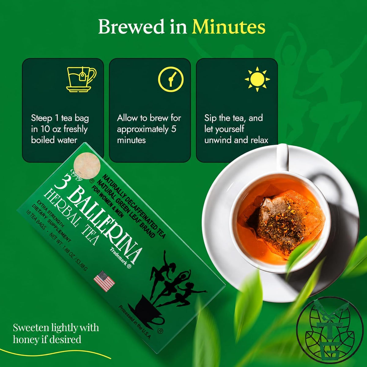 3 Ballerina Caffeine-Free Extra Strength Herbal Tea, 18 Count, Pack of 2