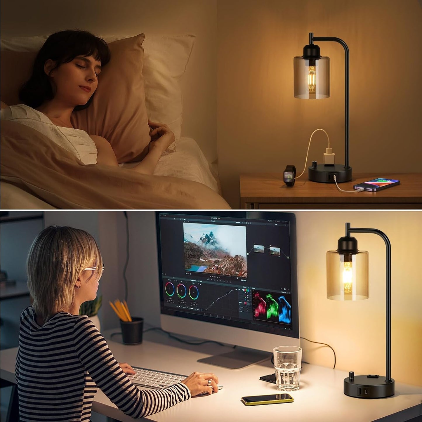Industrial Table Lamps for Bedrooms Set of 2 - Fully Dimmable Bedside Lamps with USB A and C Ports and Outlet, Black Nightstand Lamps with Glass Shade for Living Room, Desk Lamps for Office Reading