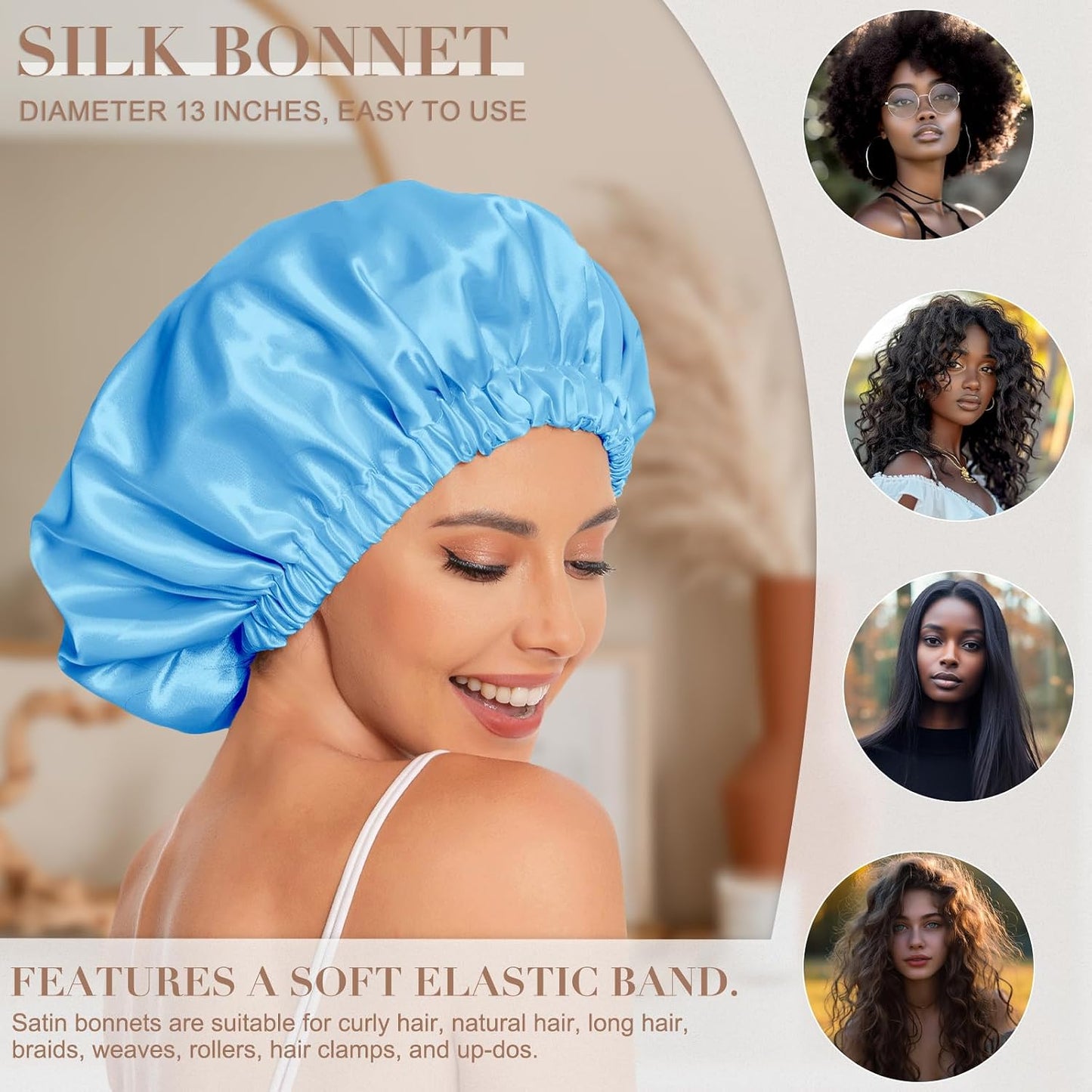 Satin Bonnet Silk Bonnet Hair Bonnet for Sleeping-Slouchy Beanie Hat Satin Sleep Cap for Women's Natural & Curly Hair(Blue Zircon)