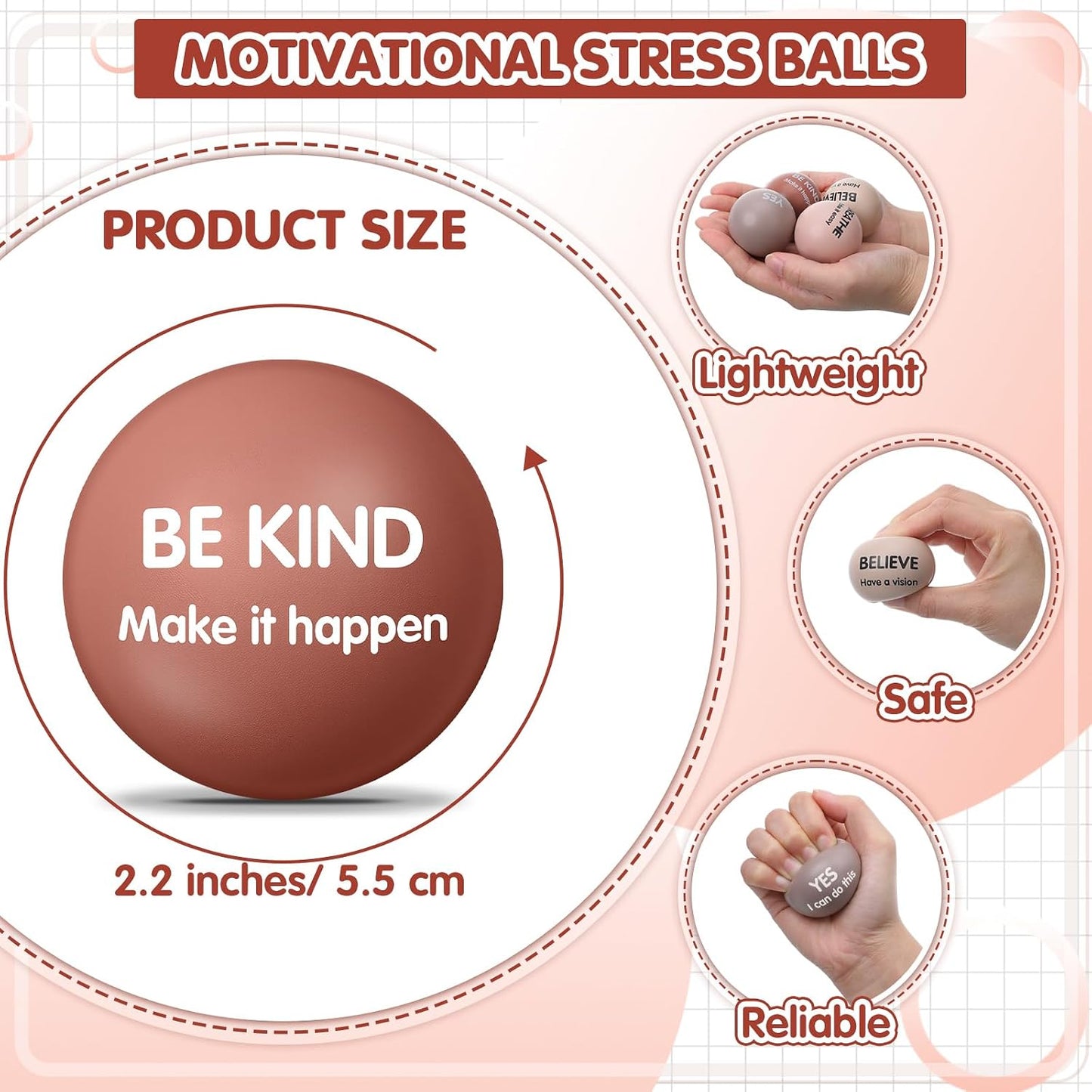 Liliful 100 Pcs Motivational Stress Balls Bulk Inspirational Squeeze Balls for Adults Anxiety Relief Fidget Toys Office Employee Gifts Classroom Rewards 2.2 Inch (Bright Colors)