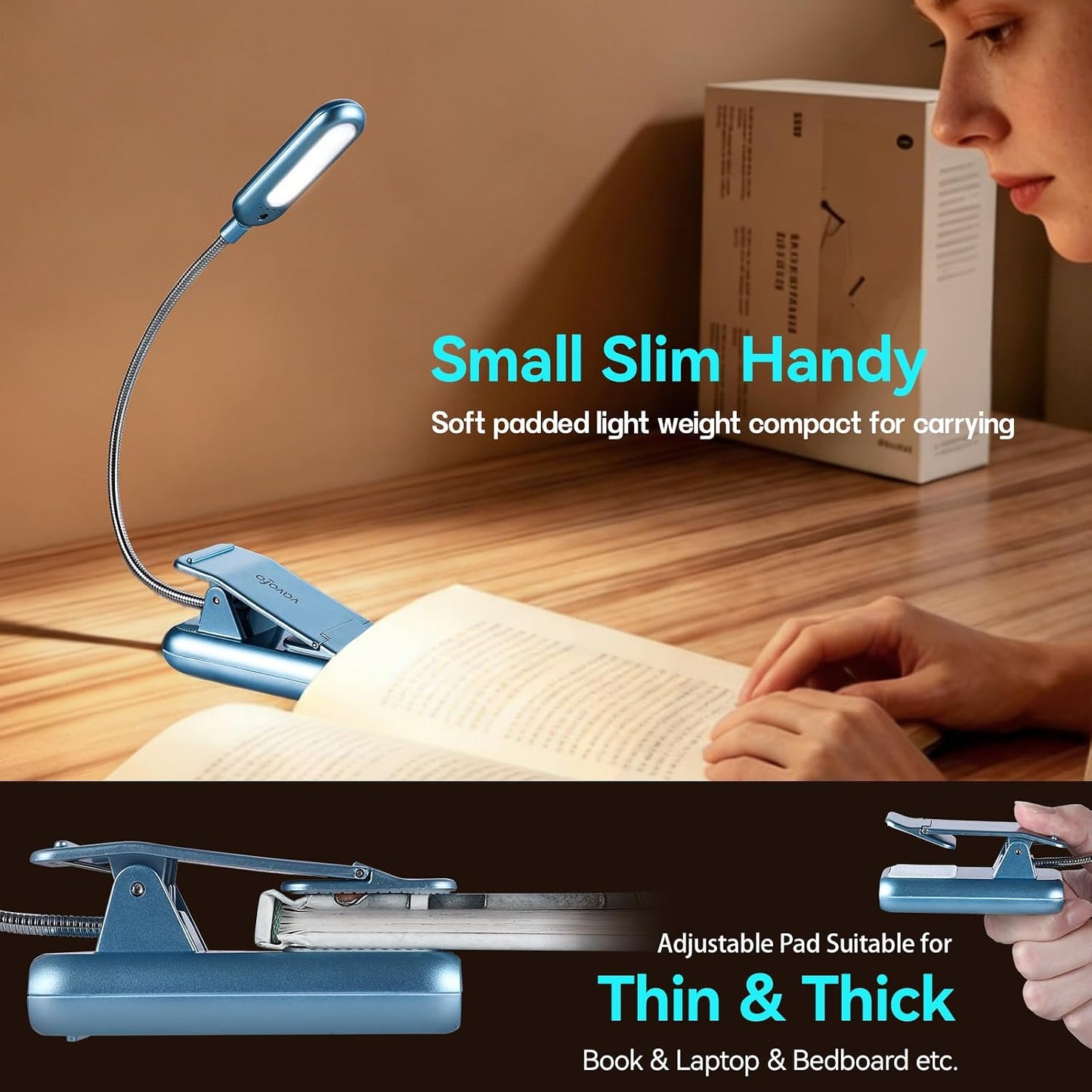 VAVOFO Clip On Book Light for Bed Kids, 7 LED Reading Light with 9-Level Warm Cool White Daylight, Eye Care Lamp with Power Indicator for Bookworms (Blue)