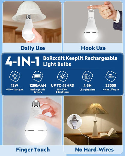 BoRccdit KeepLit 8 Pack Emergency Rechargeable Light Bulbs, 48H Long Lasting & 3 Brightness Power Outage Lights,12W 5000K Battery Backup Emergency Light Bulbs for Home Power Failure Hurricane