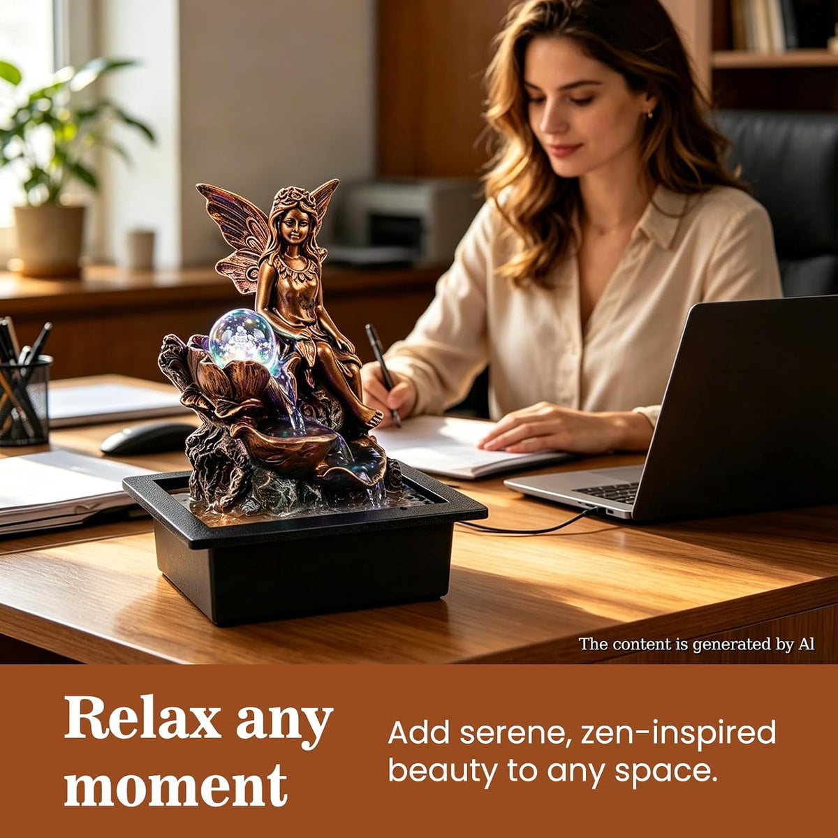 GOESWELL Water Fountain for Indoor Tabletop: Antique Bronze Fairy Statue Tabletop Waterfall with Rotating Crystal Ball for Desk - Small Zen Meditation Decor for Home Office Bedroom Relaxation