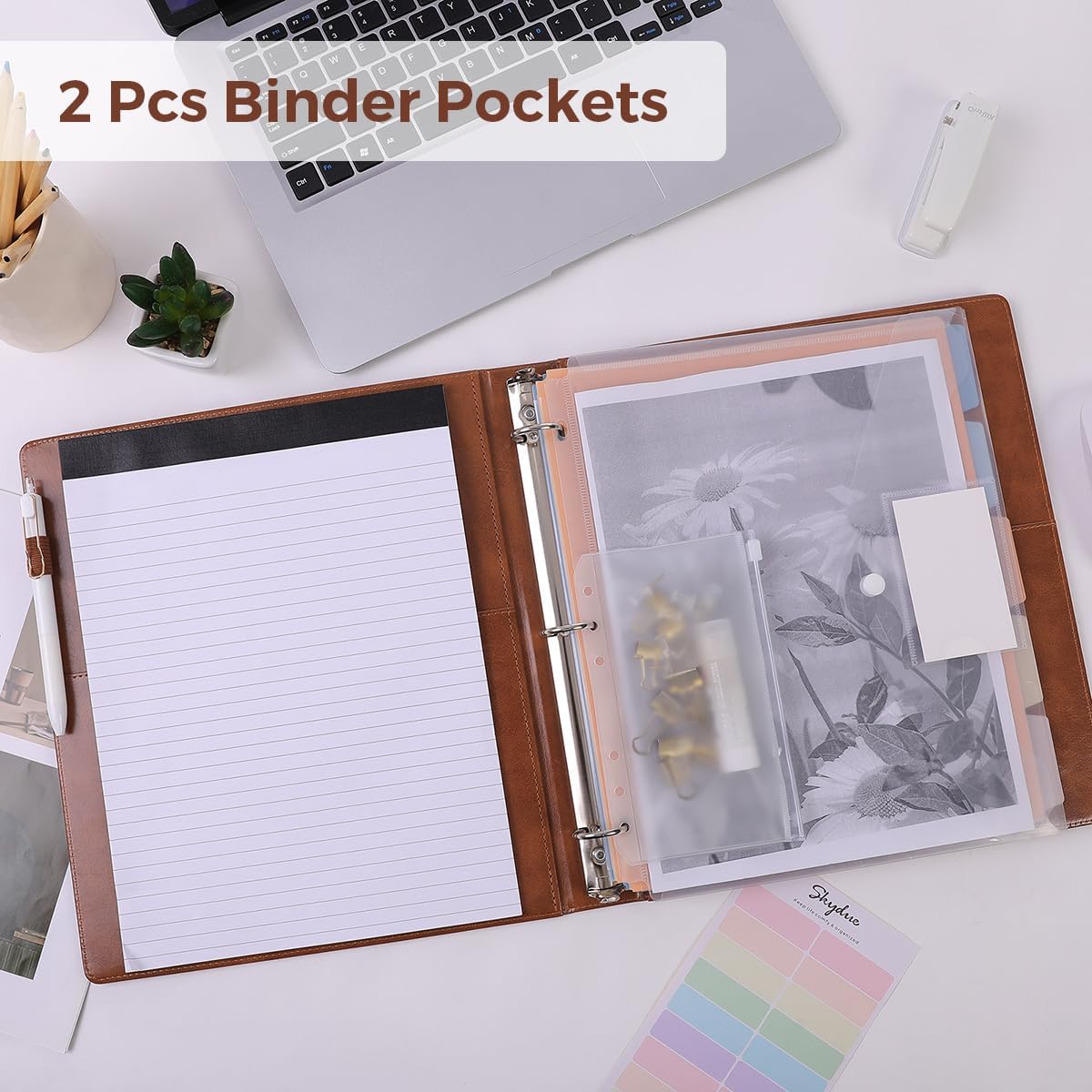 SKYDUE 3 Ring Binder with Clipboard, 13.2" × 10.2" Faux Leather 1 Inch Binder Organizer with 5 Pocket Dividers, Notepad, Labels & 2 Storage Pockets for Teachers, Students, Nurses & Office Work