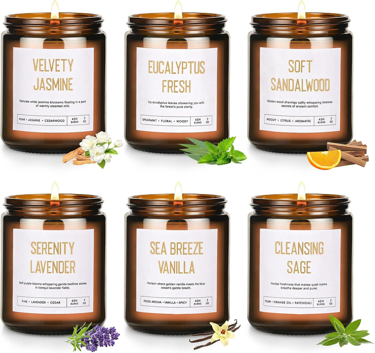 6-Pack Scented Soy Candle Set – Lavender Vanilla, Eucalyptus, Sandalwood, Jasmine & White Tea, Coconut, Sage | Natural Long Lasting Aromatherapy Candles for Home, Relaxation & Birthday Gifts