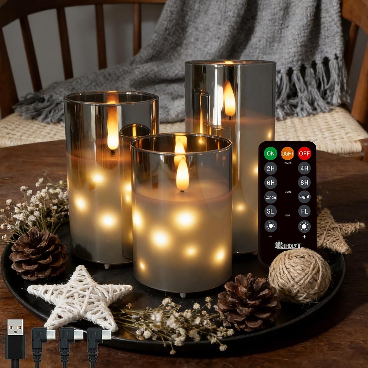 LEDHOLYT Rechargeable Flameless Glass Pillar Candles–Gifts for Women,–Set of 3, Realistic Flickering LED Flame,Remote & Timer, Ideal for Living Room, Bedroom & Halloween Festival Home Party Decor