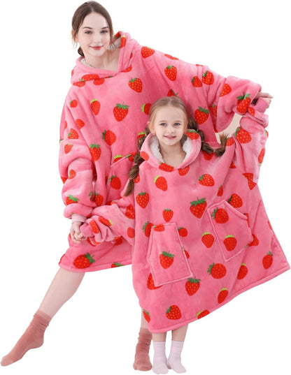 Aemicion Strawberry Blanket Hoodie,Oversized Sherpa Wearable Hooded Blanket,Warm Cozy Sweatshirt Gifts for Women Girls Adult