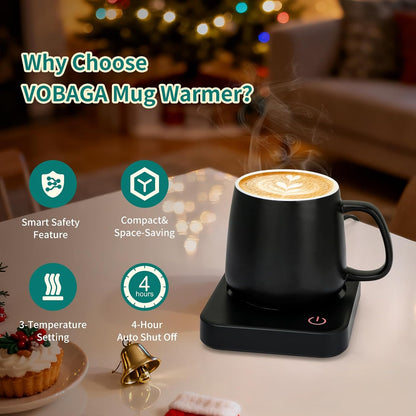 VOBAGA Coffee Mug Warmer for Desk with Auto Shut Off & 3-Temp Settings, Coffee Cup Warmer with Smart Safety Alert Home Office Accessory, Perfect for Coffee, Tea, Milk (Mug for Display)