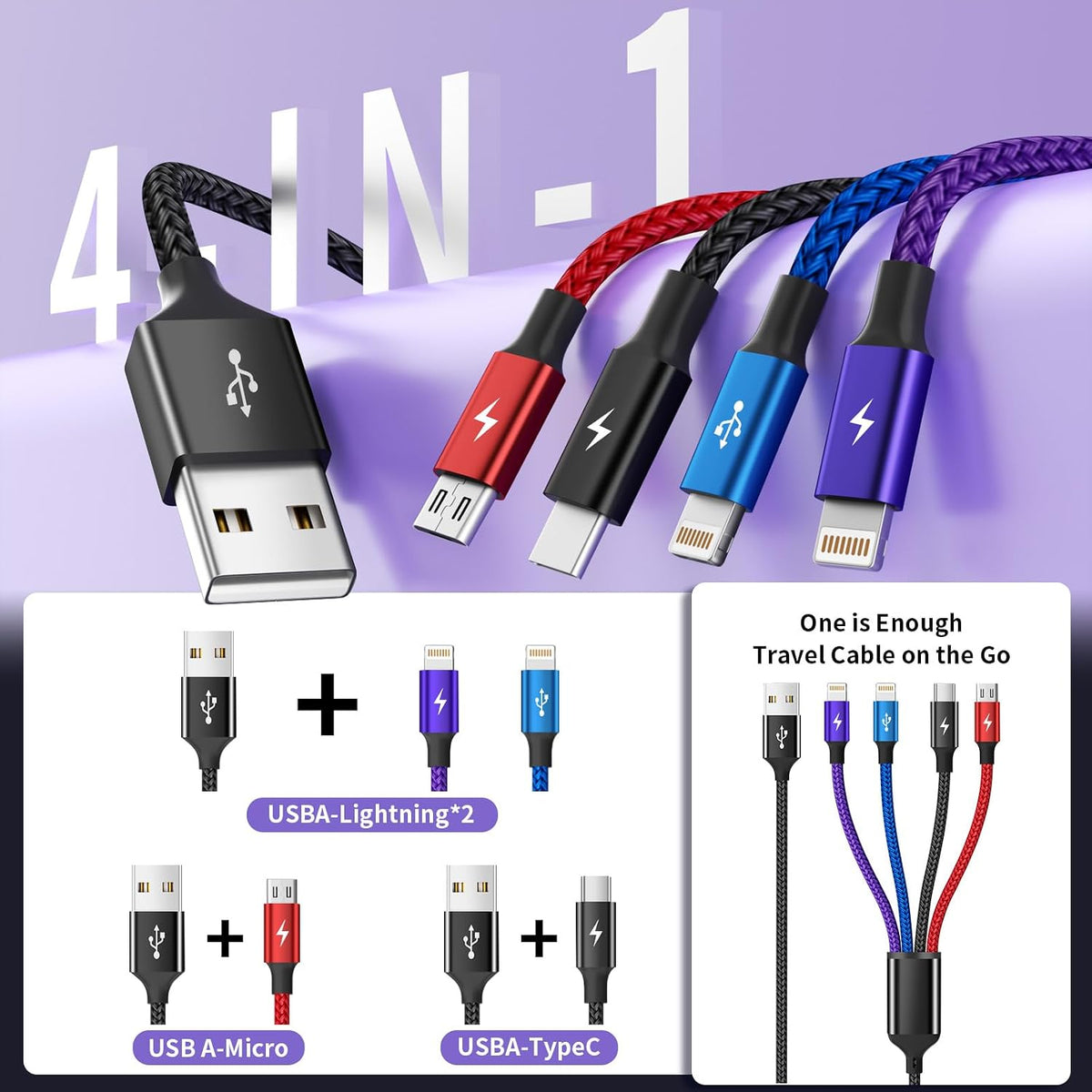 4 in 1 Multi Charging Cable, 5FT Charging Cords for Multiple Devices