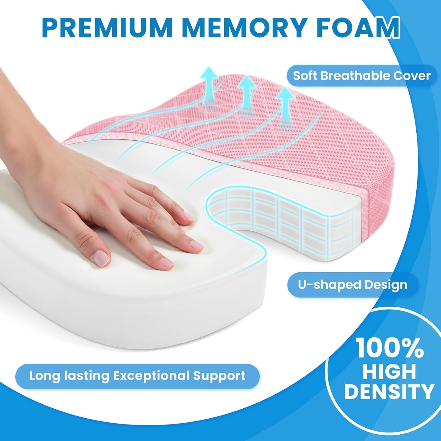 TushGuard Seat Cushion - Memory Foam Sitting Pillow for Office Chair, Car Seat, Airplane, Bleacher - Sciatica & Hip & Coccyx Pain Relief Desk Chair Cushion for Long Sitting Office Workers, Car Drivers