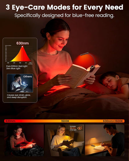 Glocusent 630nm Red Light Reading Light, 26 LEDs Zero Blue Light, 1600K Amber Book Light with 3 Modes & 5 Brightness Dimmable, 120H Runtime, Eye-Care Clip on Light for Book Lovers and Kids