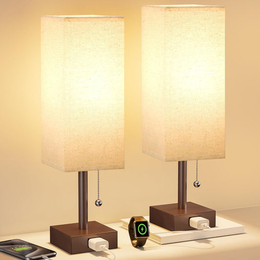 Bedside Table Lamps for Bedroom Set of 2 - Small Rectangular Nightstand Lamp with AC Outlet Charging Port, 3 Color Temperatures Desk Light with Bulb, Tabletop Reading Lamp for Living Room/Dorm/Office