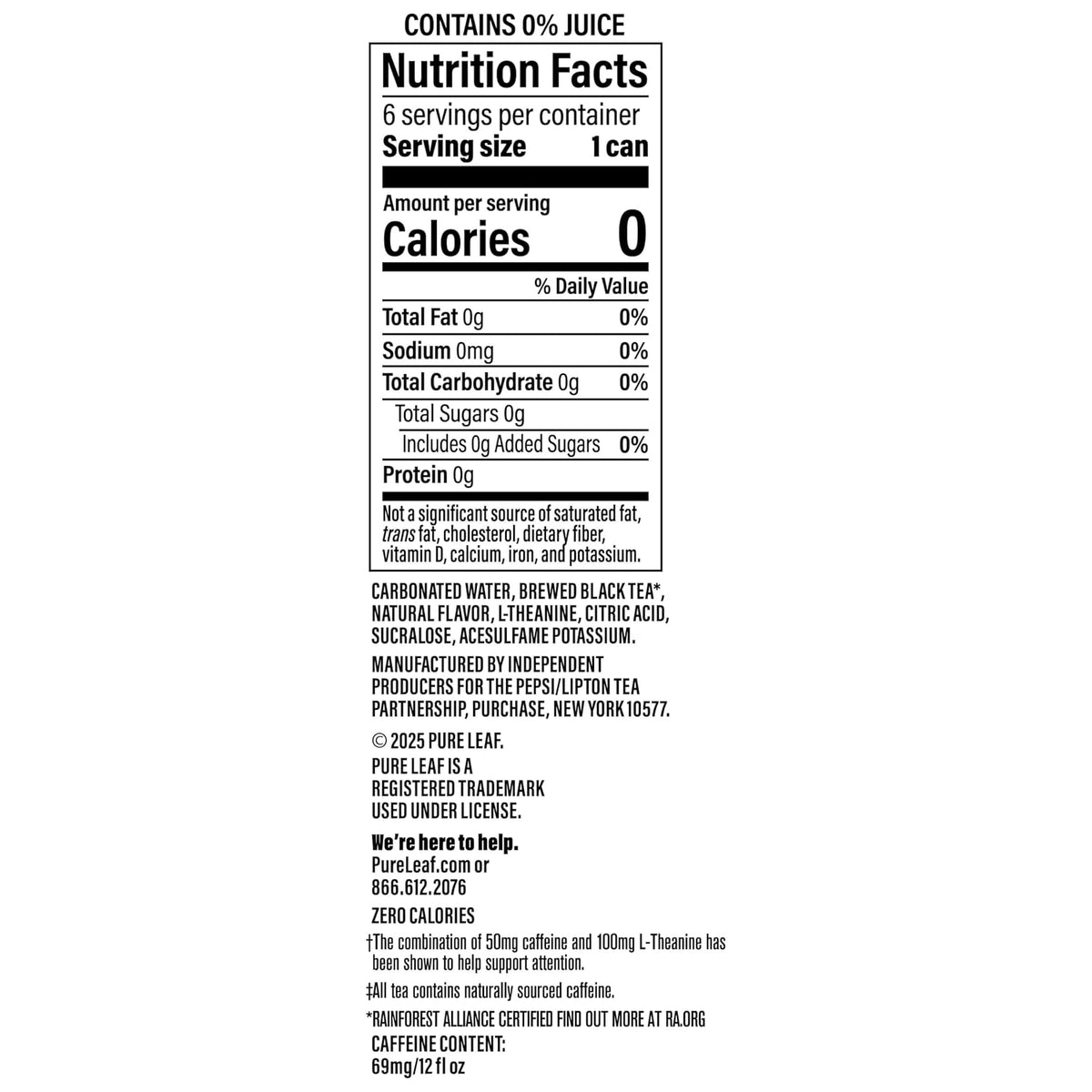 Pure Leaf Mental Focus Sparkling Real Brewed Iced Tea, Raspberry, 12 fl oz Cans, Caffeine, L Theanine, Zero Sugar, Zero Calories