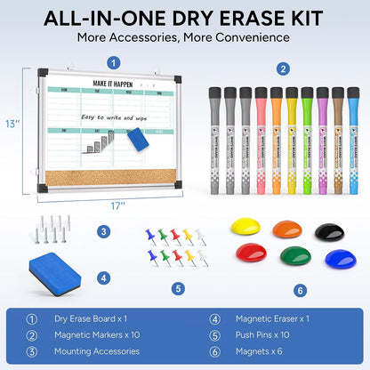 Marsrock Weekly Dry Erase Board, 17"x13", Double Sided, Colorful