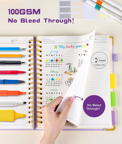 Hardcover Spiral Notebook journal with Removable Dividers Tabs, 300 Pages Leather 5 Subject Notebook College Ruled, 8"x10" Large B5 Notebooks for Work School Note taking, Lined Journal for Women,Black