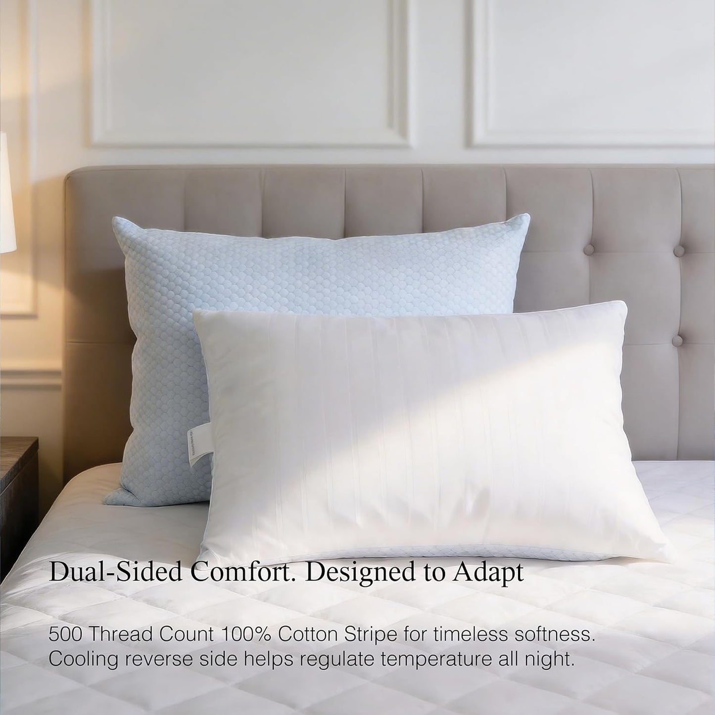 Blue Ridge Home Fashions Luxury Hotel Quality Cooling Pillows Queen Size Set of 2, Soft Touch Firm Support 500 Thread Count Damask Stripe Embroidered 100% Cotton Cover, Down Alternative
