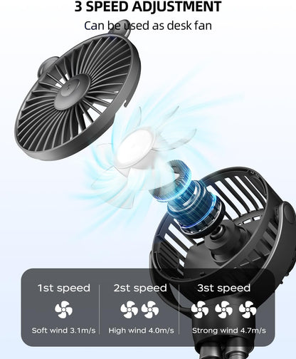 Portable Stroller Mini Fan, Small Rechargeable Personal Fan, Baby Travel Essentials for Wagon, Car Seat, Treadmill, Battery Powered Biking Gear Accessories, 360° Rotation, 3-Speed, Display, Black