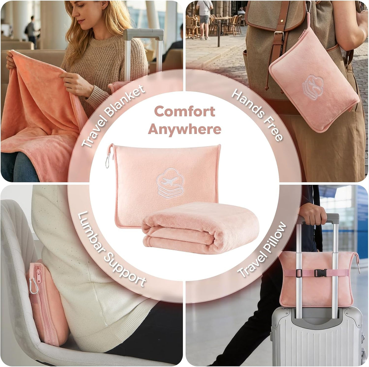 Travel Blanket, Soft 2-in-1 Airplane Blanket, 65x40 Inches, Travel Blanket Airplane Compact with Bag, Car Blanket with Luggage Sleeve & Backpack Clip (Light Grey)