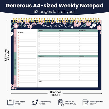 Weekly To Do List Notepad with 52 Undated Sheets（8.5"×11"）- Undated Weekly Planner Notepad for Office Desk Accessories and Supplies - Sunshine Petal