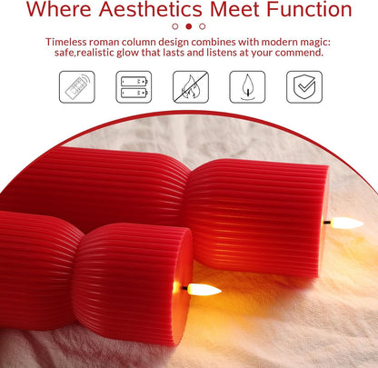 White Ribbed Flameless Pillar Candles with Remote, Real Wax Flickering Battery LED Candles Set of 2