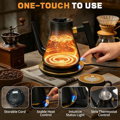 Gooseneck Electric Kettle 1000W | Pour Over Coffee Kettle with Steady Flow Spout & Balanced Handle, 0.8L Matte Black Tea Kettle for Home Barista Espresso Station Countertop- Black