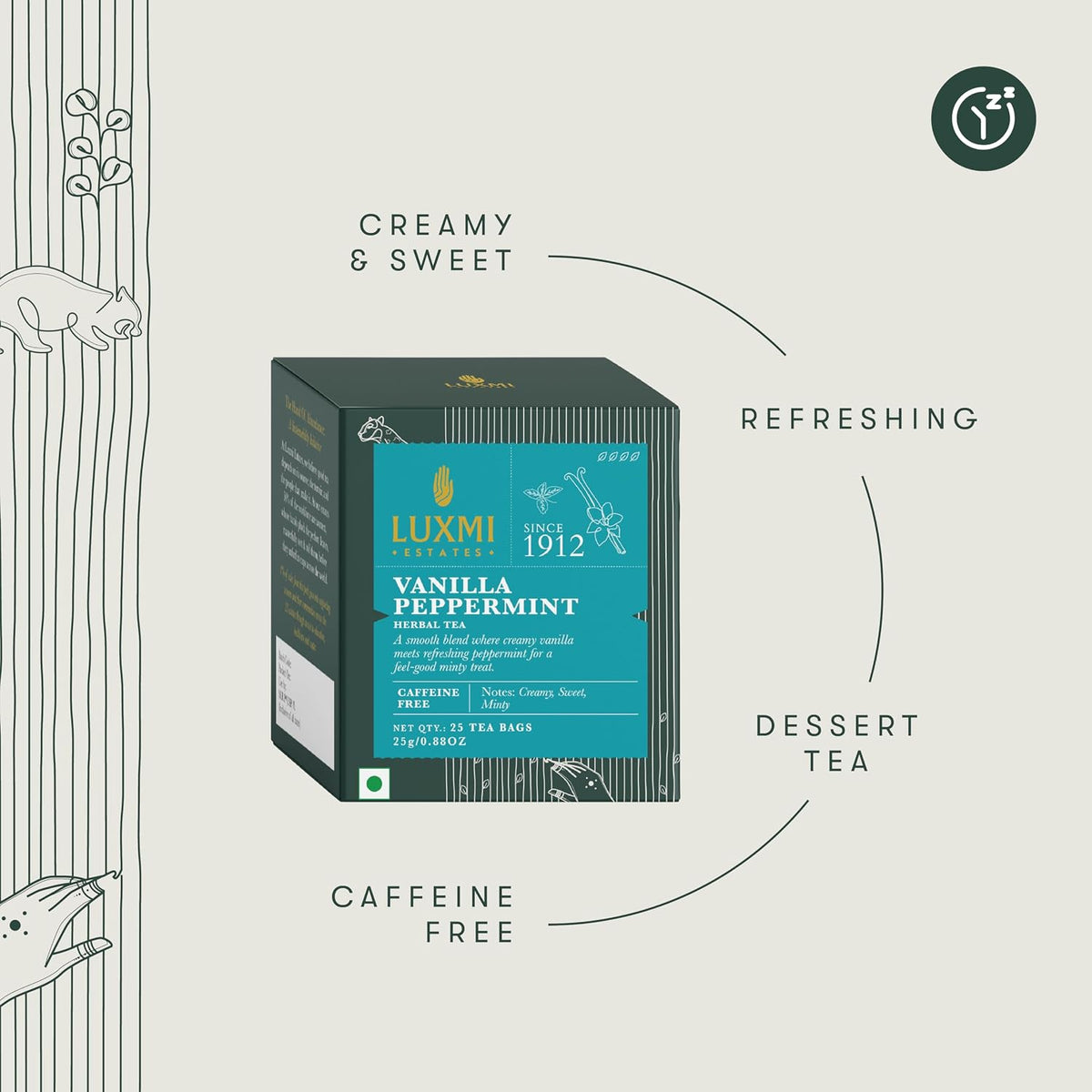Luxmi Estates Vanilla Peppermint Herbal Tea, 25 Tea Bags (25g, 0.88oz), Caffeine-Free Two-Ingredient Blend with Real Peppermint Leaf & Natural Vanilla | Soothing After-Dinner Cup, Vegan