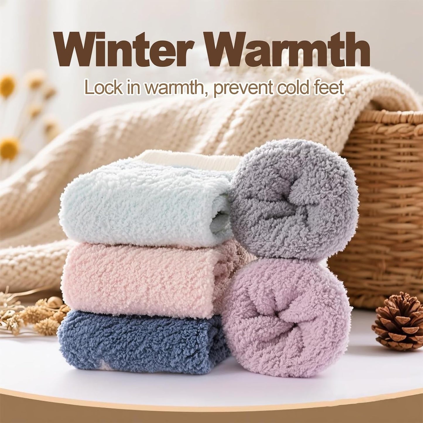 5 Pairs Fuzzy Socks with Grips for Women, Non Slip Cozy Fluffy Soft Socks, Winter Sleep Slipper Hospital