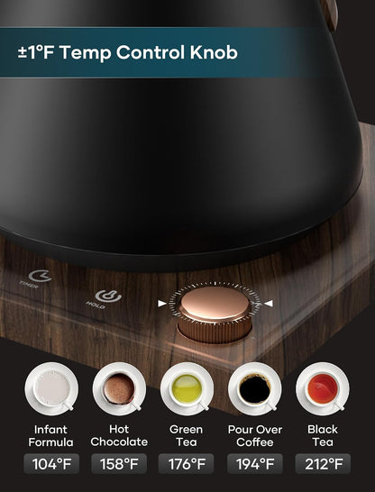 INTASTING Electric Kettle, Gooseneck Electric Kettle, ±1℉ Precise Temperature Control, Stainless Steel Interior, Quick Heating for Pour Over Coffee, Tea & Boiling Water, 0.9L (Black)