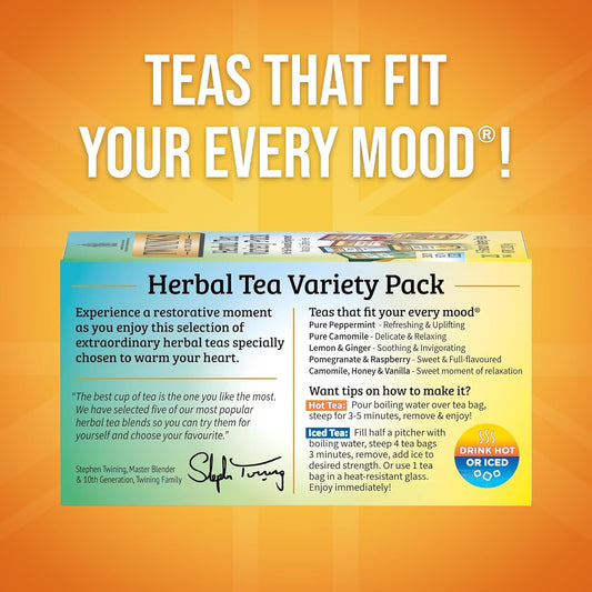 Twinings Herbal Tea Variety Pack, 20 Count (Pack of 1), Formerly Assorted Herbal, Includes 5 Flavours, Naturally Caffeine-Free, Enjoy Hot or Iced, 20 Teabags