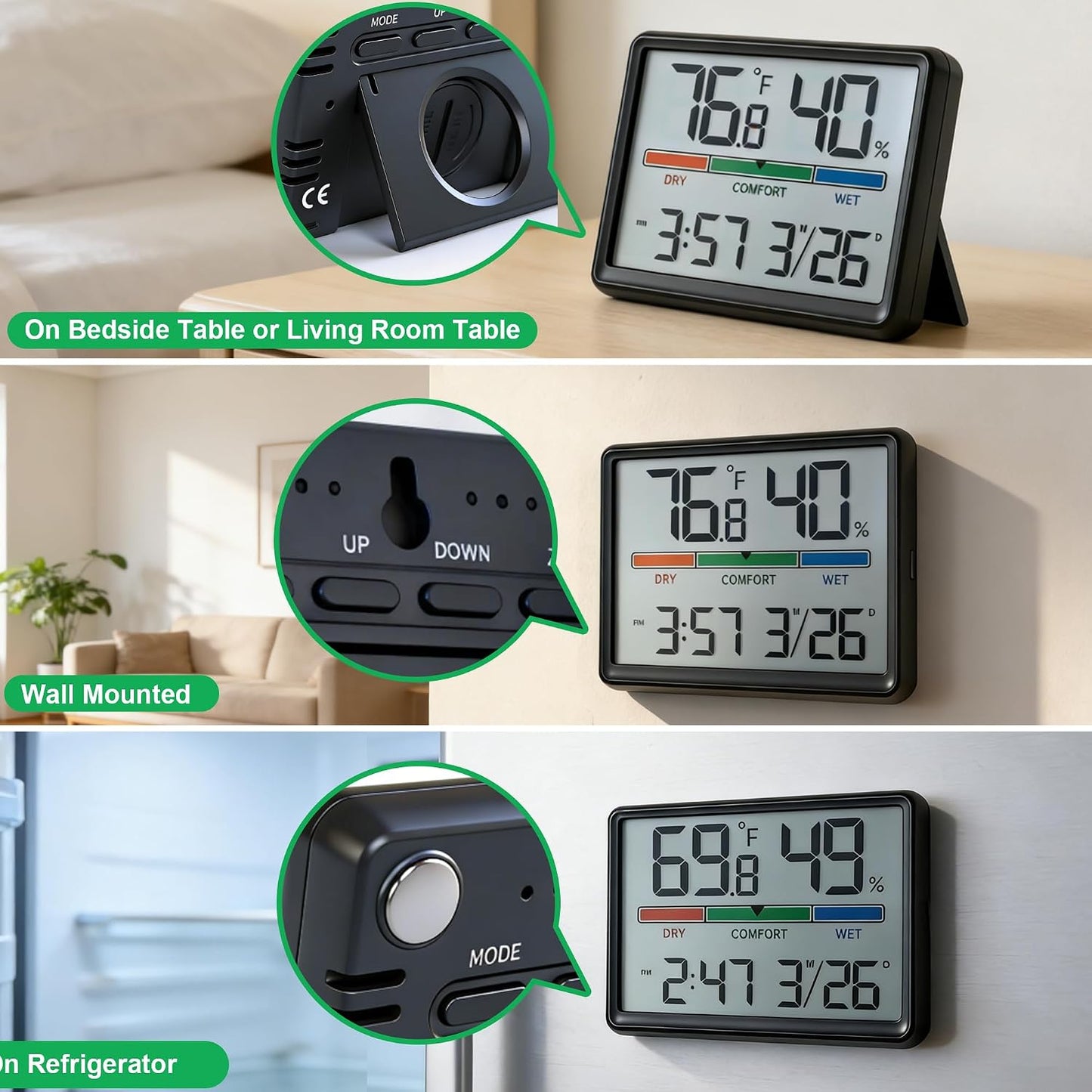 Digital Hygrometer Indoor Thermometer, Clock with Temp & Humidity, Temp Gauge with Comfort Indicator, Wall/Magnetic/Desk Alarm Clock for Bedroom, Baby Room, Office, Kitchen, Garage (White)