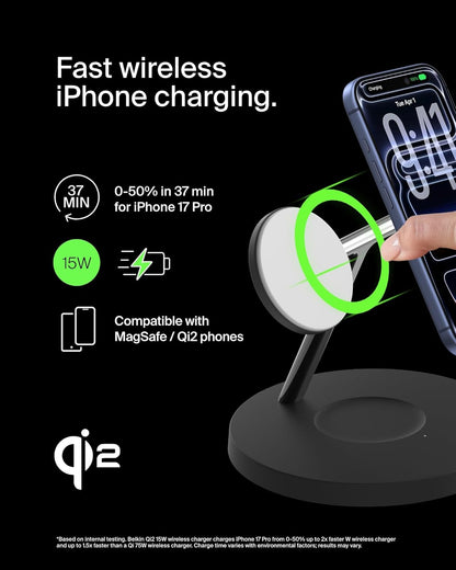 Belkin Qi2 15W Wireless Charging Station, 3 in 1 iPhone Charger