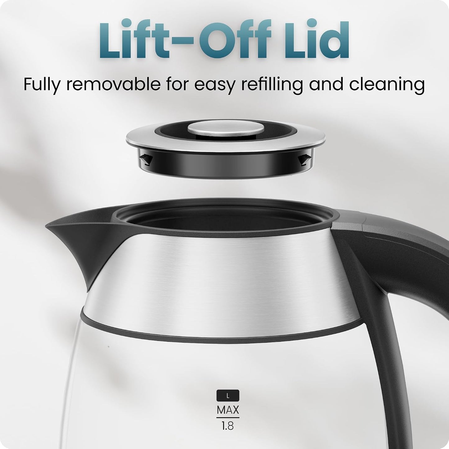 Chefman Electric Kettle, 1.8L 1500W, Hot Water Boiler, Removable Lid for Easy Cleaning, Auto Shut Off, Boil-Dry Protection, Stainless Steel Filter, BPA Free, Borosilicate Glass Electric Tea Kettle
